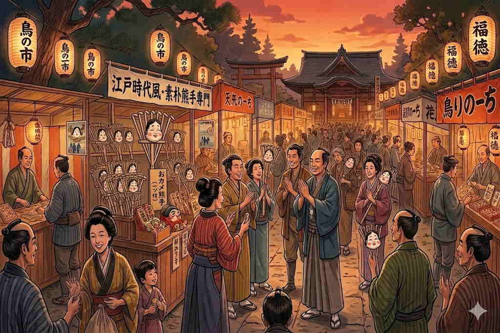 江戸時代の市場で、素朴な竹熊手から豪華な縁起物へと進化していく熊手売りの風景。