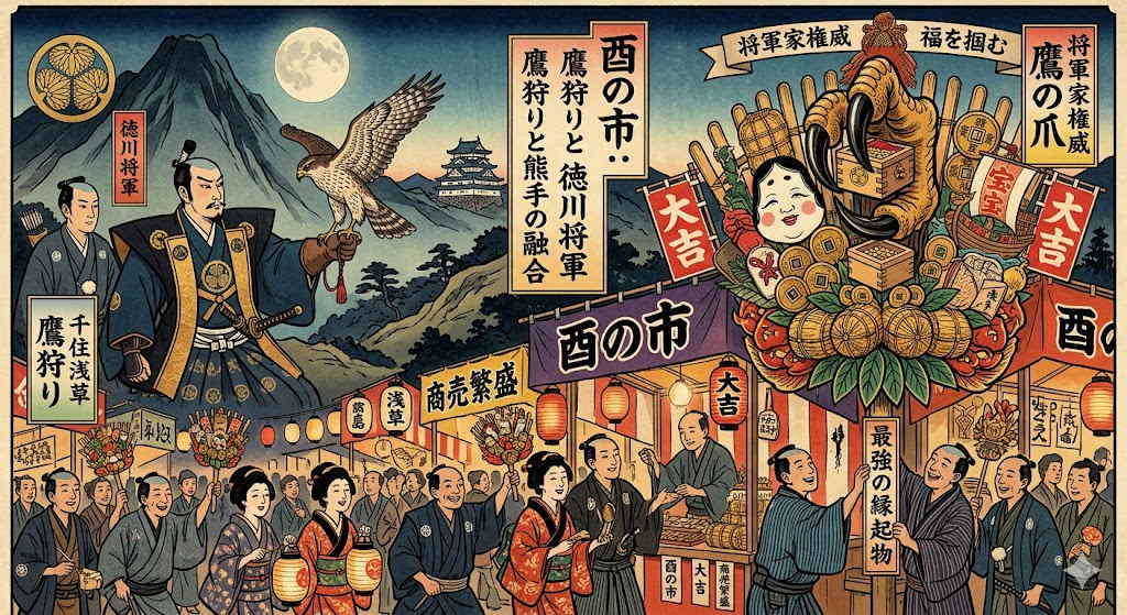 江戸時代、徳川将軍家は千住や浅草周辺で「鷹狩り」を好んで行いました。鷹は強大な権力と勝利の象徴。一方で、庶民は「酉の市」で熊手を求め、商売繁盛を祈願しました。この二つが結びついたのは、必然でした。将軍の権威である「鷹の爪」が、商人の「福を掴む爪」と重なり、熊手は「天下を取るほどの勢いで福を掴む」という最強の縁起物へと格上げされたのです。これは、当時の将軍家との結びつきを示す、格別の歴史的エビデンスです。