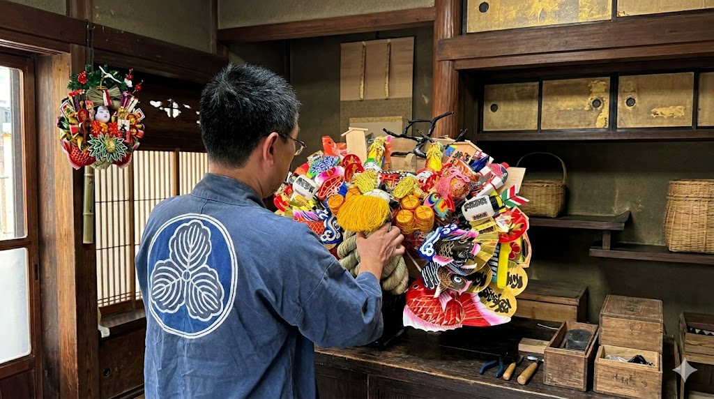 創業80年の伝統を受け継ぐ、髪を凛々しく整えた職人が、半纏を背負い福を込めて製作するオーダーメイドの熊手飾り。