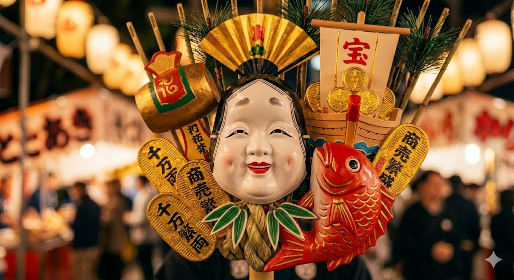 縁起屋本舗の実物熊手に宿るおかめと大判の伝統的な美しさ