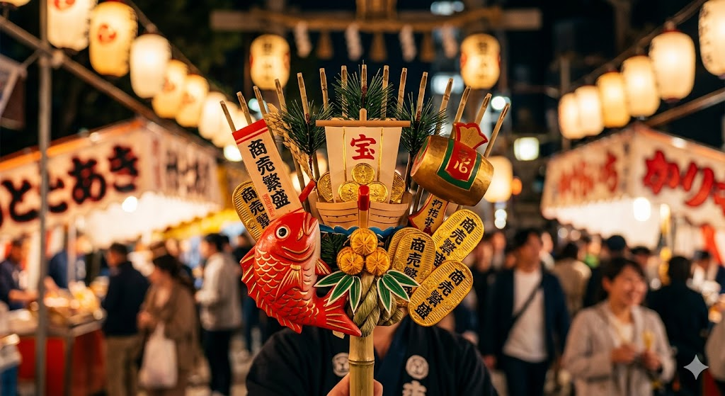 酉の市の活気の中で、ひときわ輝く縁起屋本舗の実物熊手