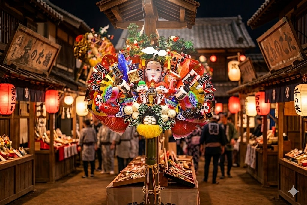 浅草・酉の市の夜に浮かび上がる、縁起屋本舗の豪華絢爛な飾り熊手。小判や鶴亀がふんだんにあしらわれている。