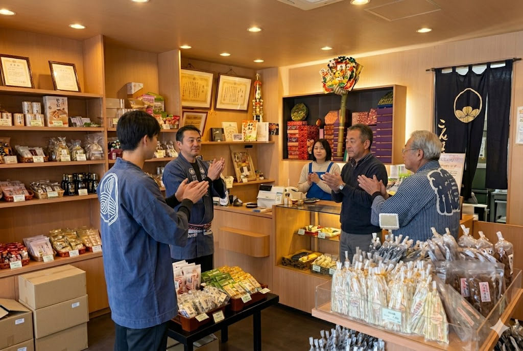 縁起屋本舗による熊手の設置と手締めの様子