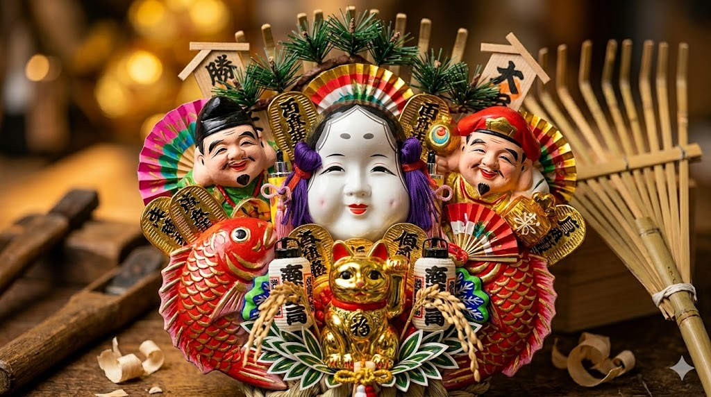 職人の手によって一つずつ表情が異なるおかめや招き猫。繊細な配置が施されている。