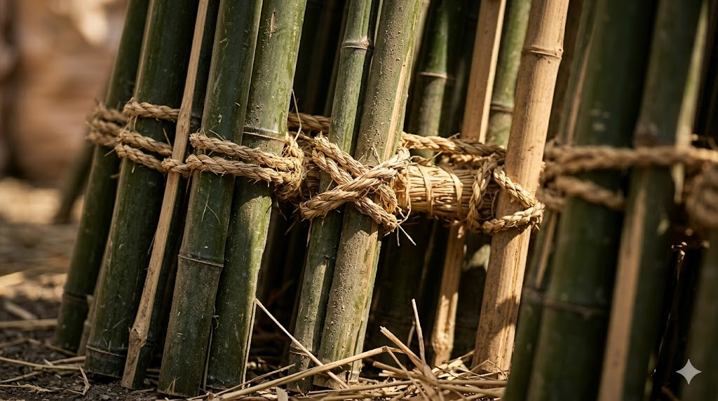 職人が厳選した天然の竹と藁の質感。一点物の熊手の土台となる力強い素材。
