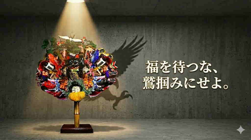 スポットライトを浴びる豪華な招き猫の熊手と、福を待たず自ら掴む決意を促すキャッチコピー。