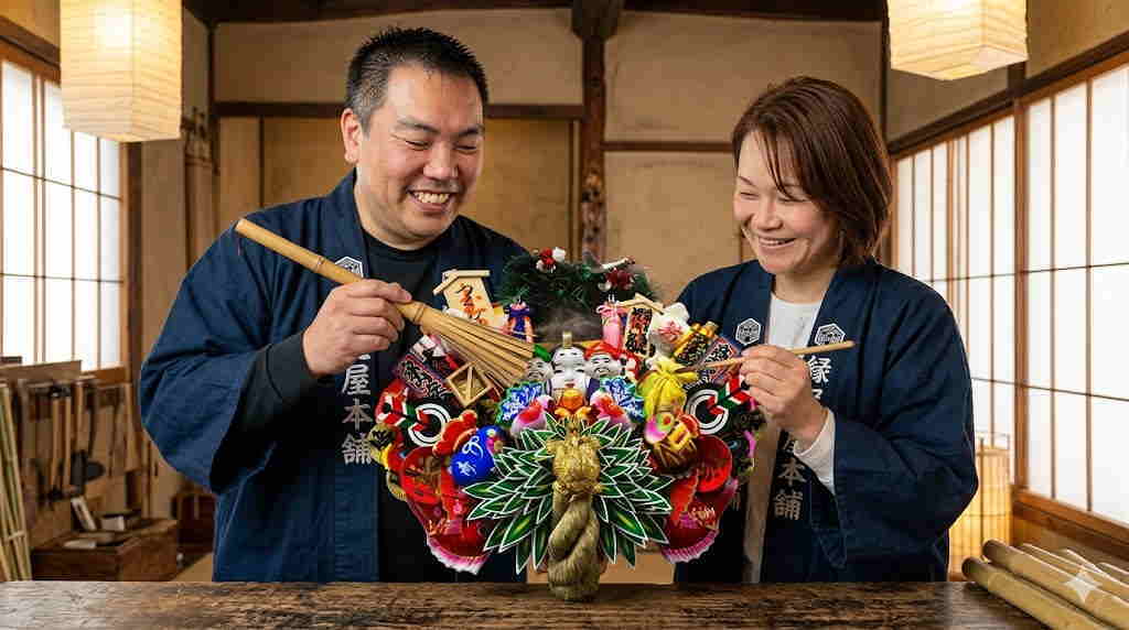 老舗職人（男性と女性の実写）が紺半纏姿で、竹製毛ばたきと筆を使い、熊手を誠実にお手入れ。