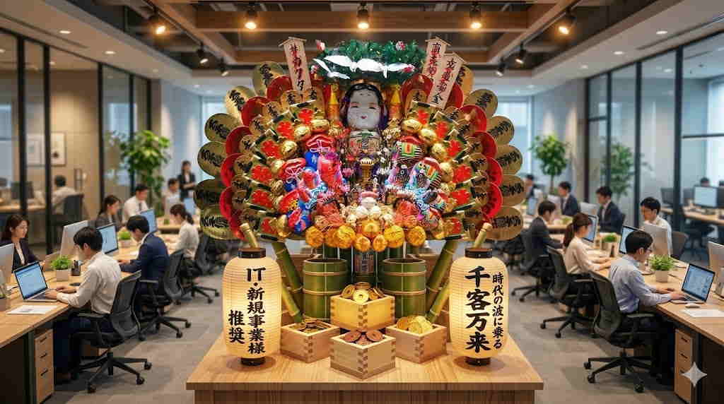 「IT・新規事業様・推奨」デスクが並ぶIT会社オフィスに鎮座する、勝利の軍配と金俵が配置された大熊手