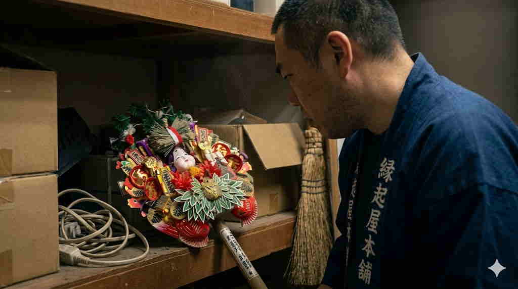 社長の肩越しに、埃を被った棚に置かれた熊手を見下ろす、緊張感のあるアイキャッチ。