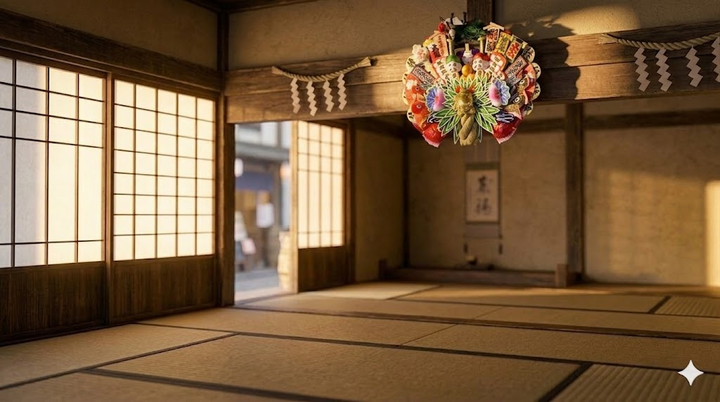 和室の鴨居に正しく設置された巨大な俵熊手