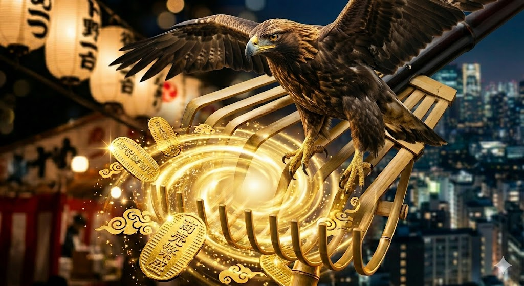 宇宙の運気を鷲掴みにするために翼を広げて進む鷹と熊手の象徴イメージ