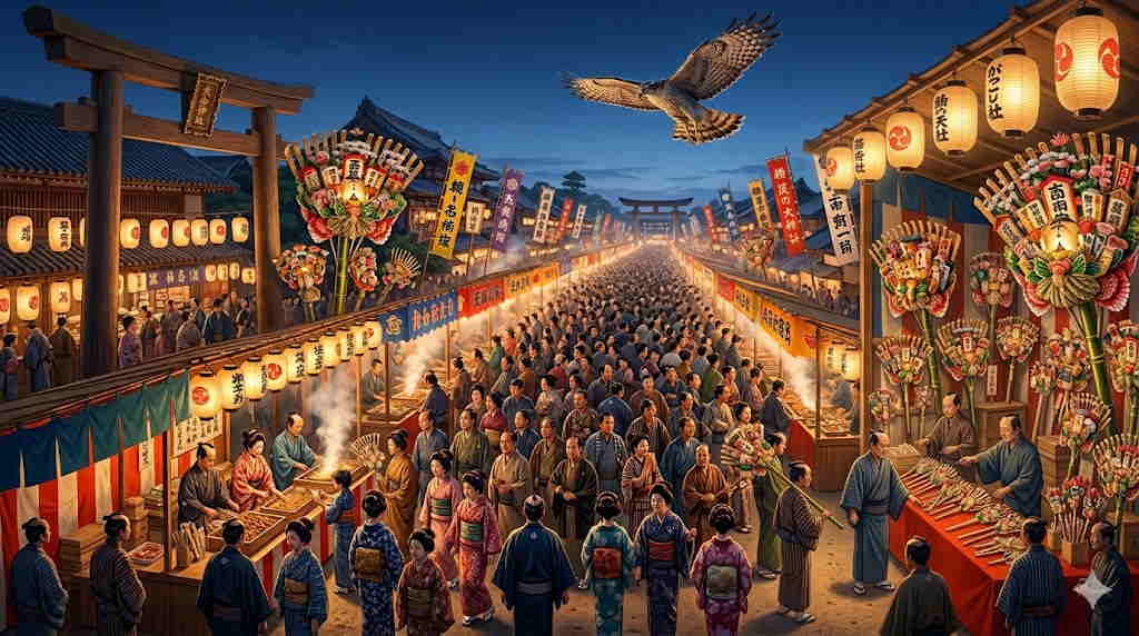 江戸時代の酉の市の熱狂的な活気