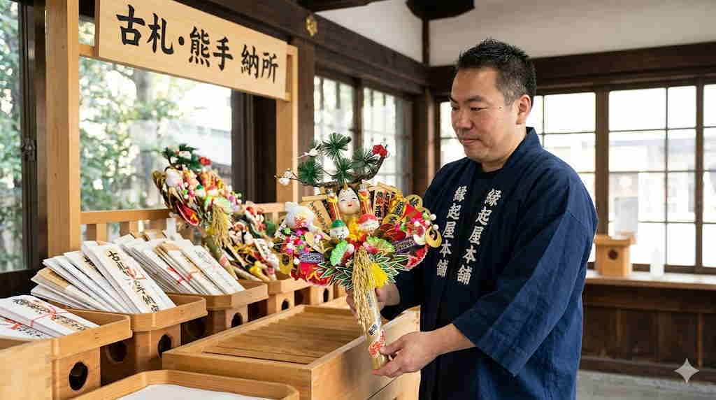 役目を終えた古い熊手に感謝を捧げる社長の実写合成画像。