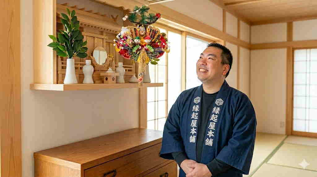 縁起屋本舗の銘が入った紺一色の半纏を羽織り、新しい熊手を笑顔で神棚へ奉納する社長の実写合成画像。