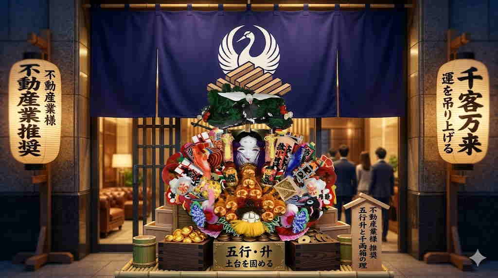 「建設・不動産業様・推奨」不動産会社のエントランスを背景にした、五行升と金俵が力広く配置された大熊手。