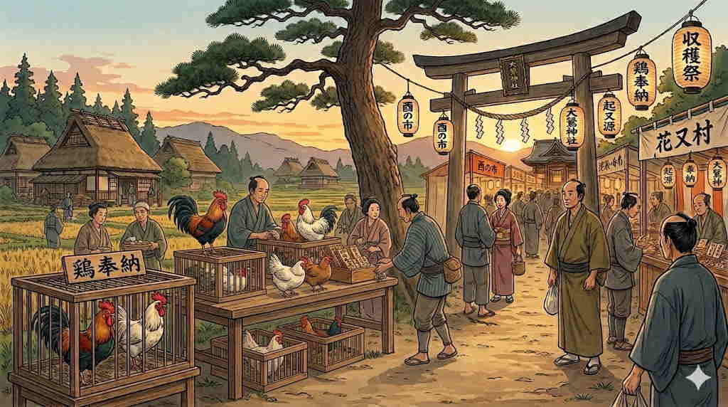 熊手は一本もない。江戸時代の花又村（足立区）。奉納用の鶏が並ぶ大鷲神社の素朴な収穫祭（酉の市の起源）。