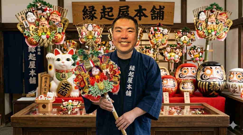 お多福の熊手を持つ笑顔の社長。背景の招き猫やだるまと共に福を招く。