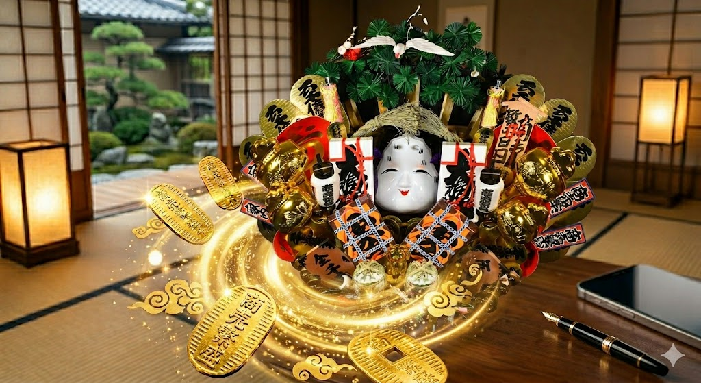 宇宙の運気の中心へ向かって浮かび上がる、縁起屋本舗の実物熊手(おかめと俵)