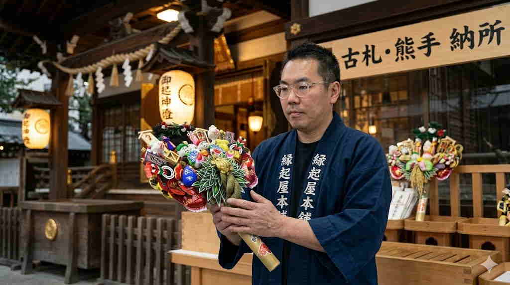 老舗職人（社長・実写・眼鏡姿）が紺半纏姿で、神社の境内で古い熊手を誠実に返納するシーン。