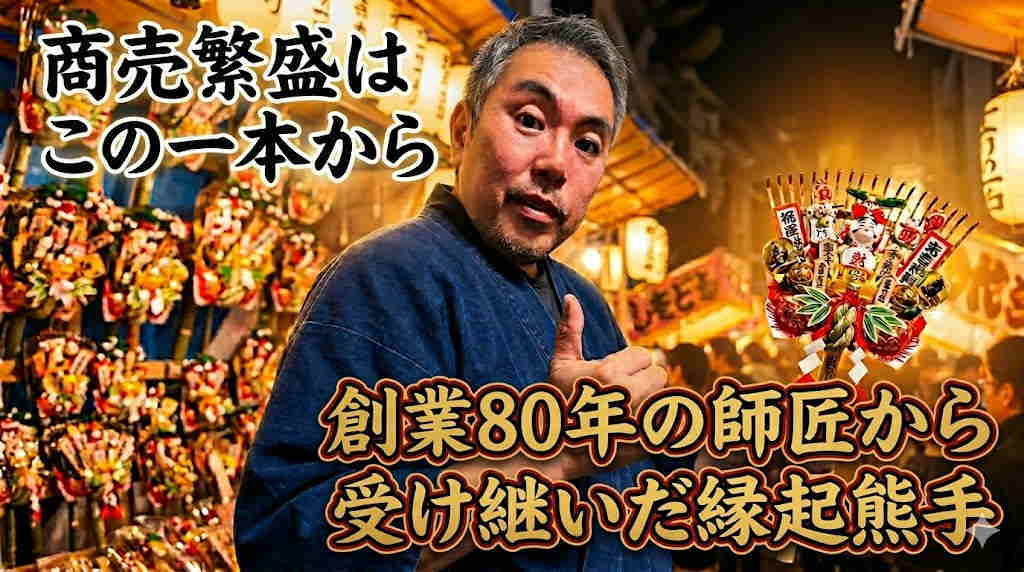 「商売繁盛は、この一本から。」酉の市で伝統の縁起熊手を受け継ぐ熊手職人のサムズアップ