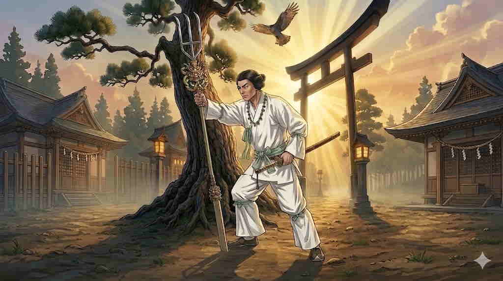 日本武尊が大鷲神社の松に武具の熊手を立て掛け、戦勝を祝う勇壮な姿。