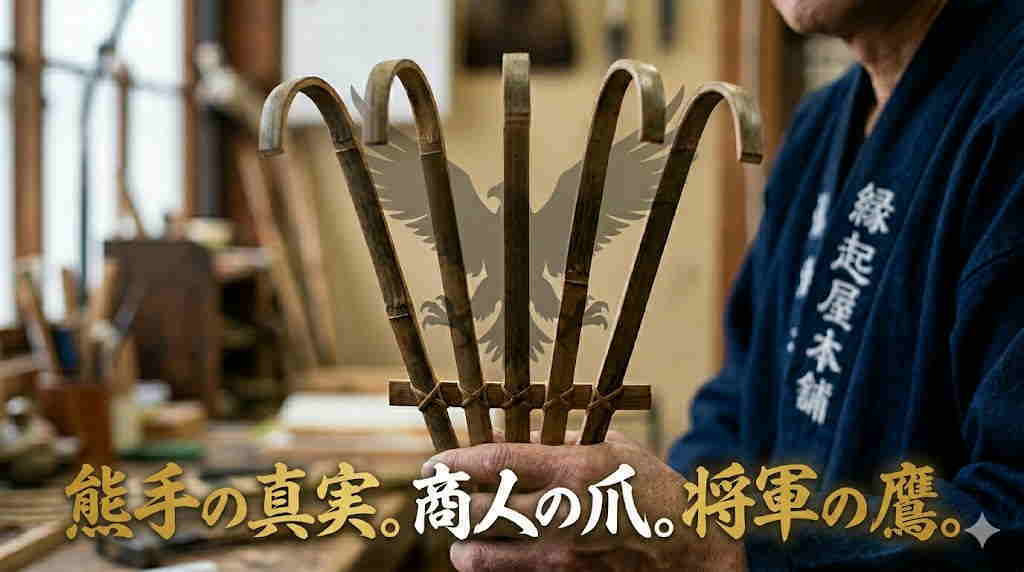 将軍の鷹と商人の爪が融合した熊手の真実を説明する、高級感のある下部筆文字タイトルバナー風画像。