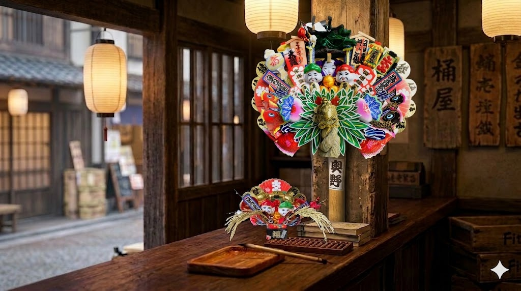 江戸の帳場に飾られた一回り大きな実物熊手