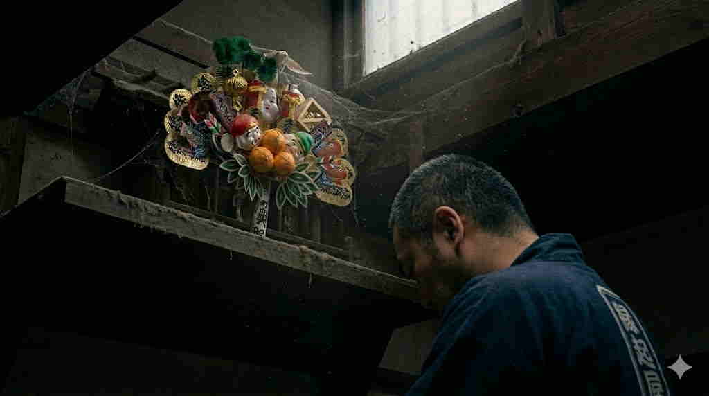 神棚の高い位置で埃を被って忘れ去られた熊手を見つめる、社長の悲哀に満ちた背中の構図。