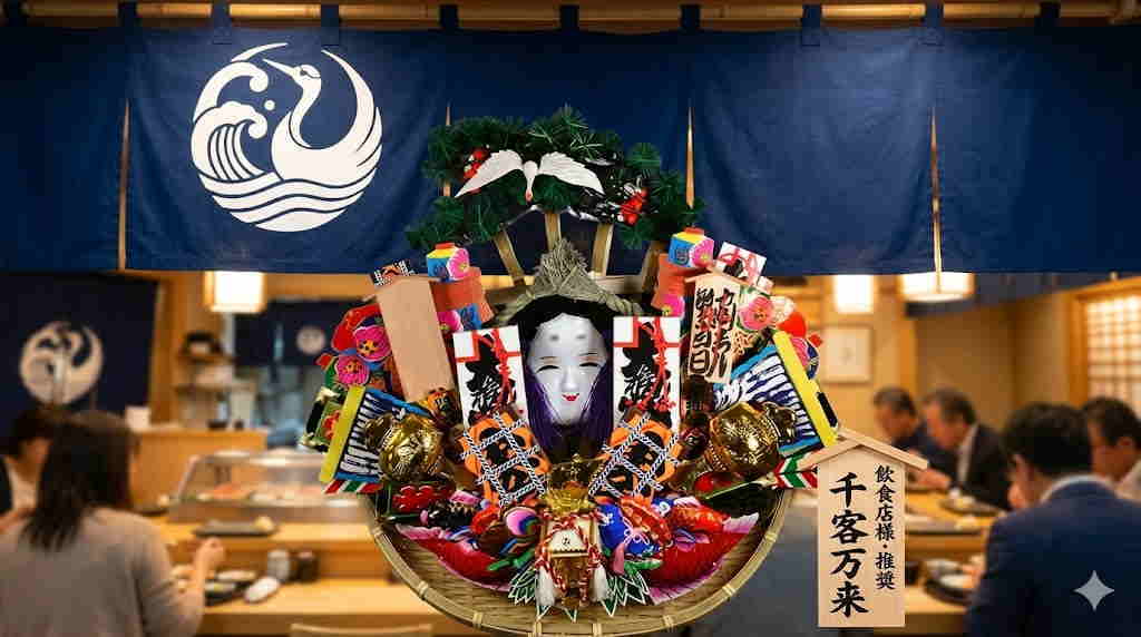 「飲食店様・推奨 千客万来」和食店の暖簾と客席を背景にした、おかめザル飾り熊手