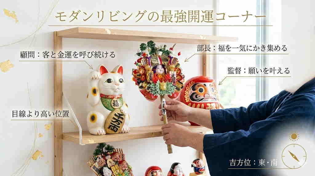 金箔がきらめくモダンリビングの棚に、社長の手が熊手とだるまを飾る開運イメージ。