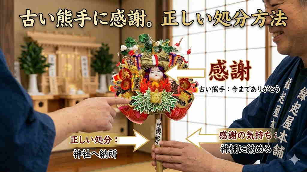 古いお多福の熊手を指差し感謝を伝える社長の横顔。正しい処分方法を解説。