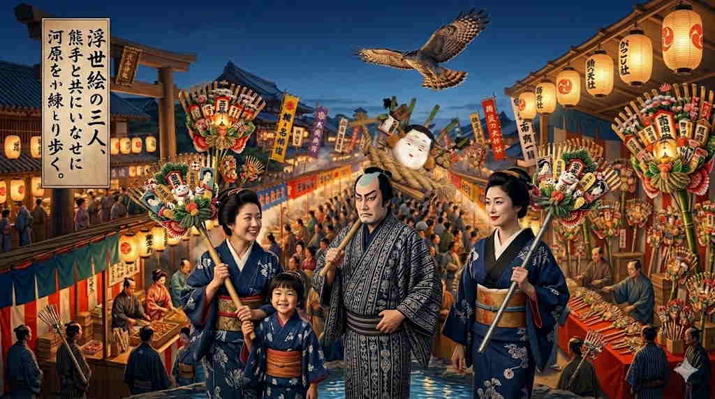 浮世絵の三人が実写の熊手を持ち、江戸の河原をいなせに練り歩きながら歴史の真実を伝える合成画像。